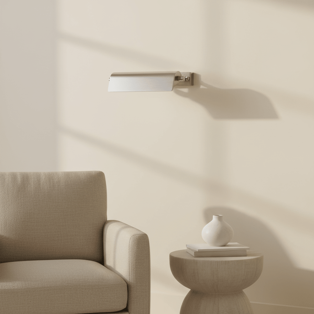 Antique silver wall lamp mounted above a cozy beige armchair, casting soft shadows on the wall.