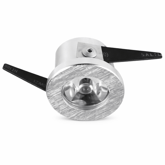Brushed aluminium LED cabinet light with a round design, showcasing a sleek finish and mounting tabs.