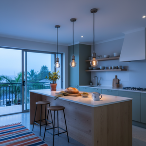 Metallic pendant light fixture with a bulb on a white background