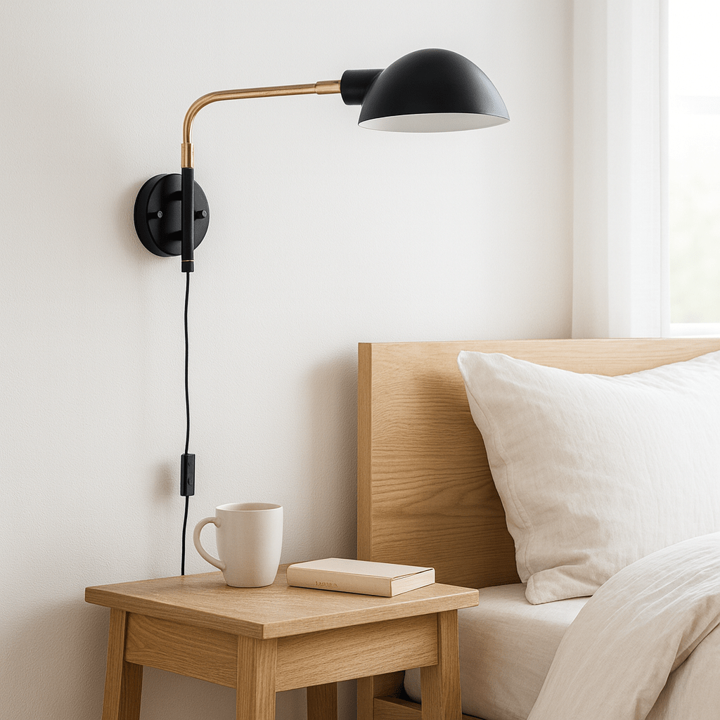 Plug-in black and antique brass wall light for bedside reading