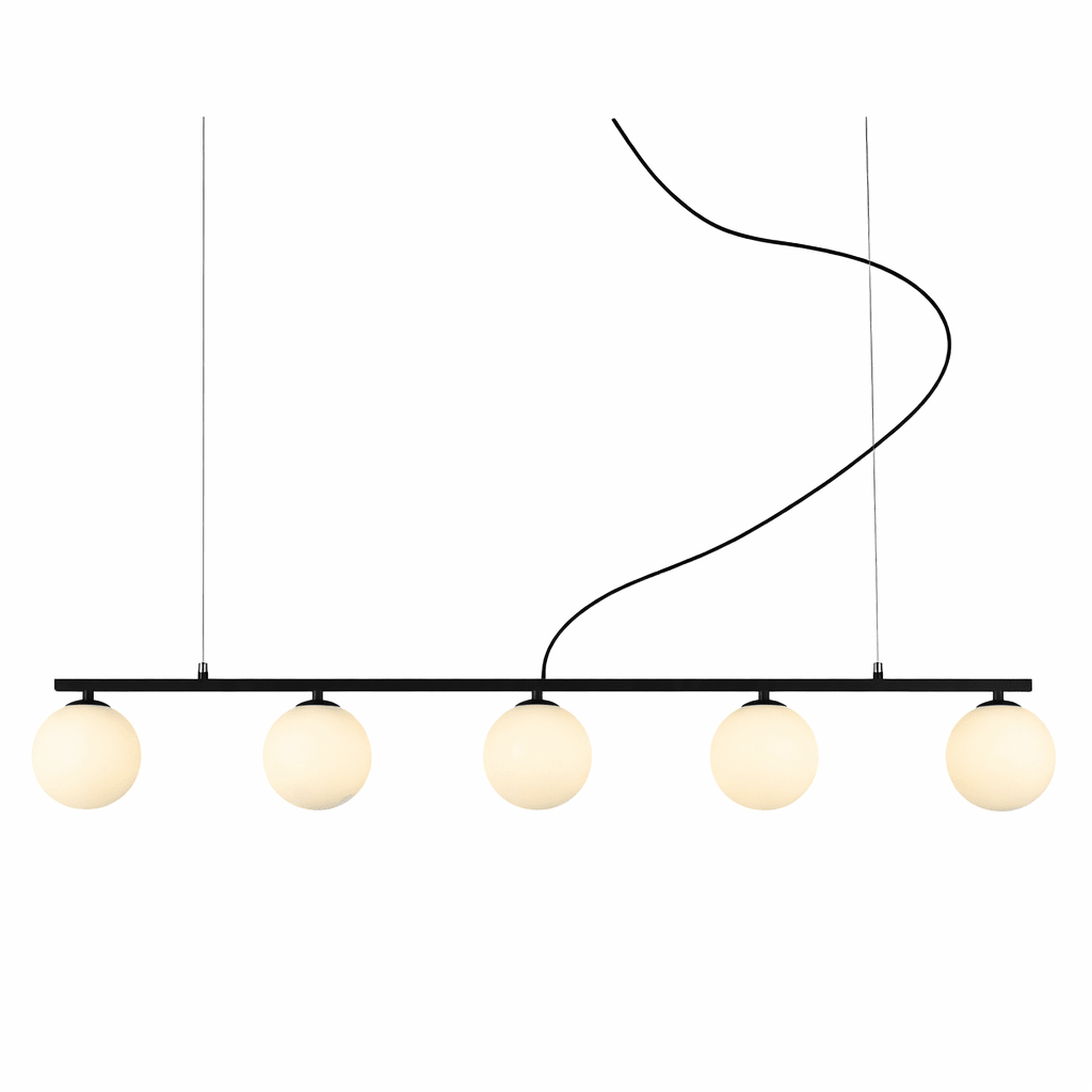 Modern pendant light with five round glass shades on a white background