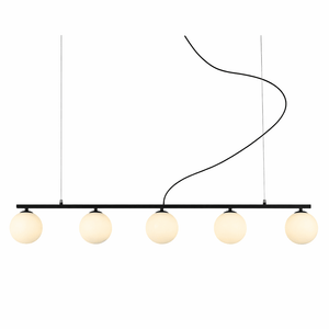 Modern pendant light with five round glass shades on a white background