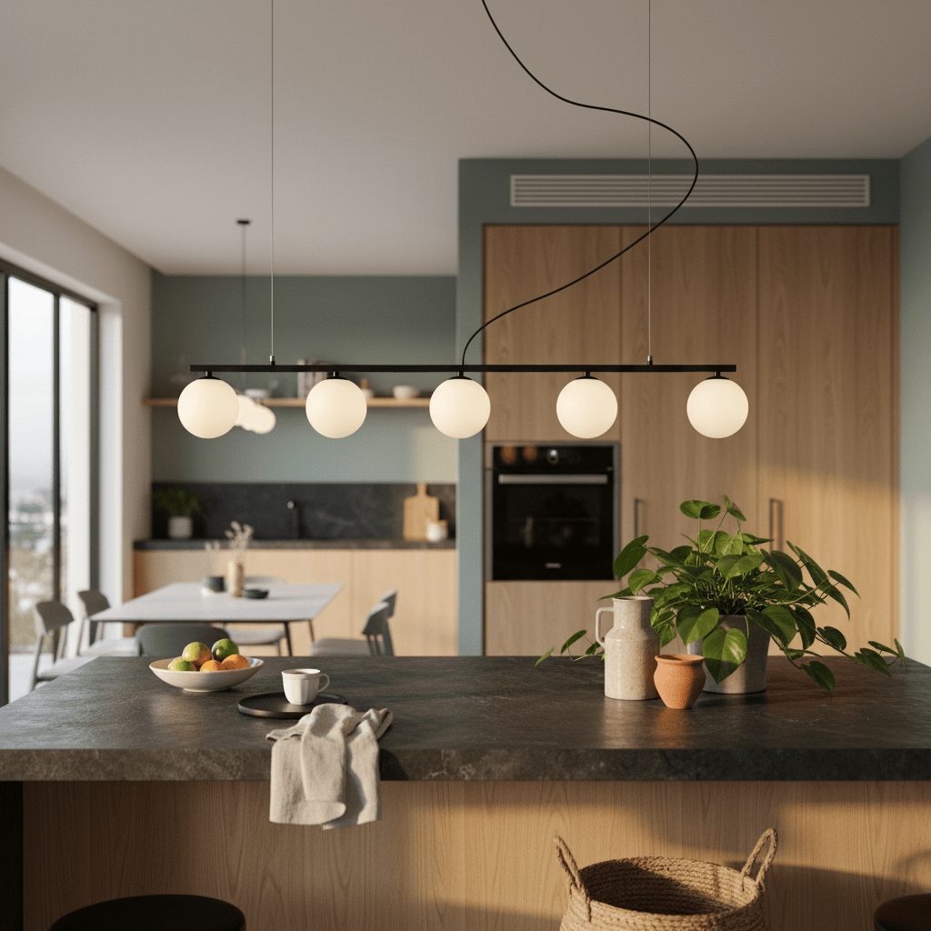 Linear 5-light pendant in black above a kitchen island with round glass shades, surrounded by modern decor.