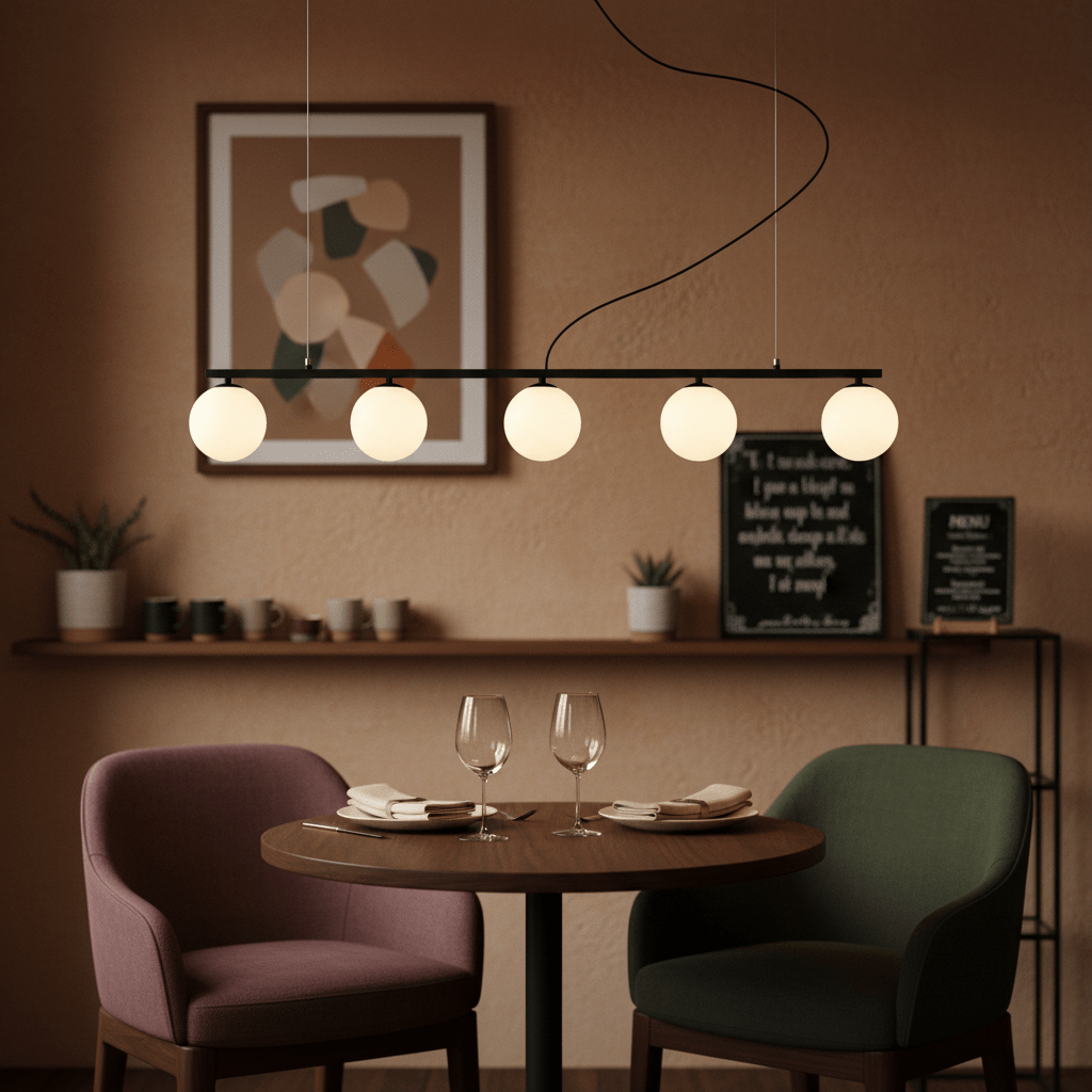 Linear 5-light pendant in black above a round dining table with two chairs, creating a modern dining atmosphere.