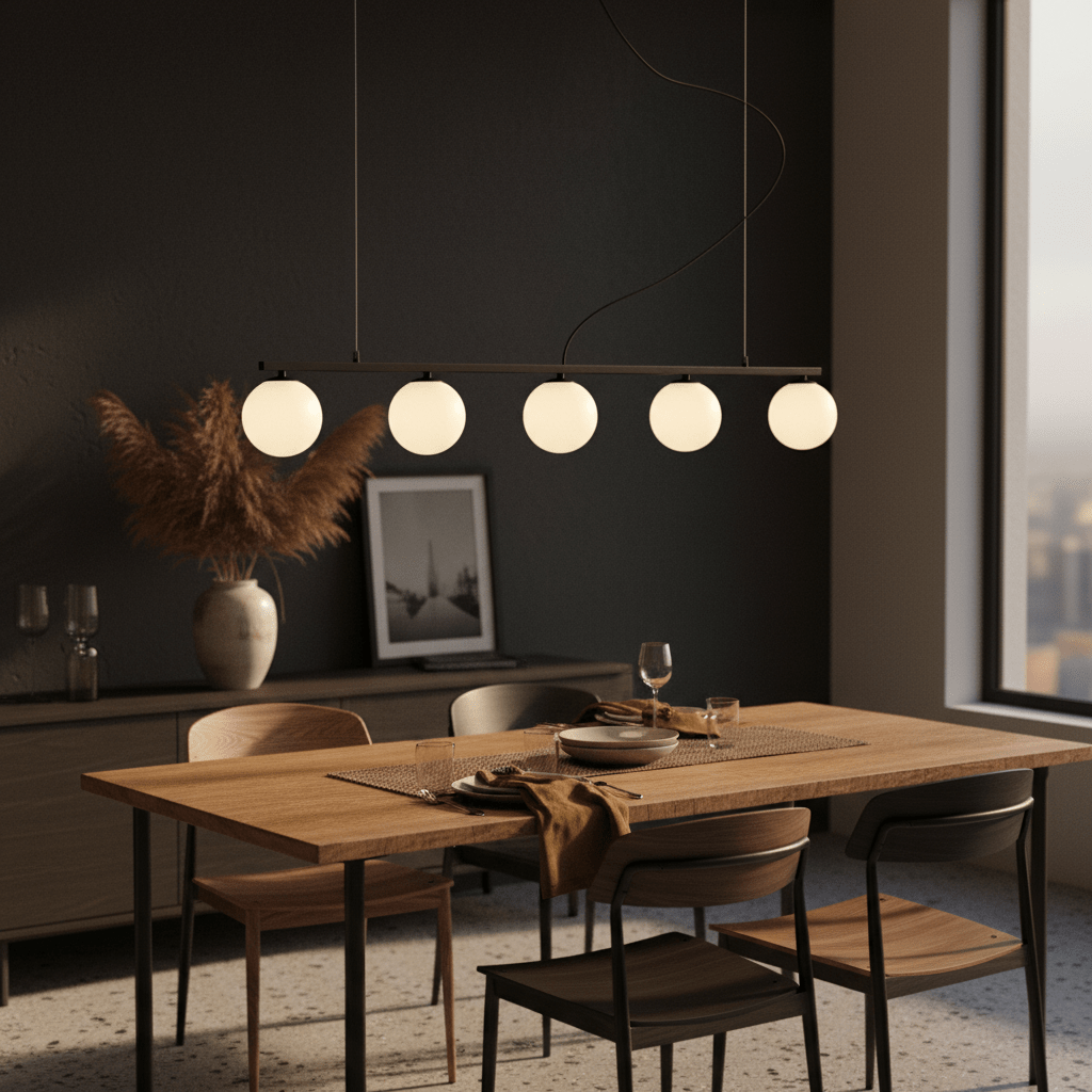 Linear 5-light pendant in black above a wooden dining table, featuring soft round glass shades.