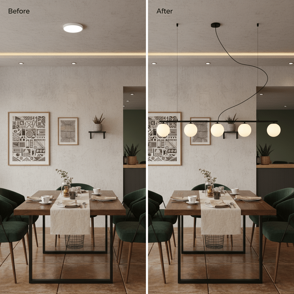 Lifestyle image showing a dining area transformation with a modern linear pendant light above a wooden table.