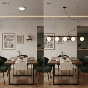 Lifestyle image showing a dining area transformation with a modern linear pendant light above a wooden table.