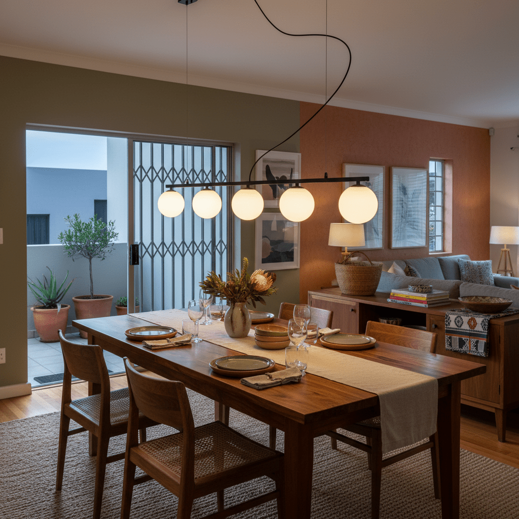 Linear 5-light black pendant light hanging above a wooden dining table set for a meal.