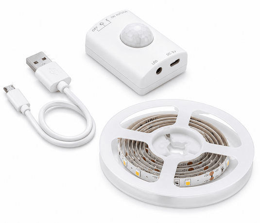 Rechargeable motion sensor LED strip light kit with USB charging cable and sensor unit.