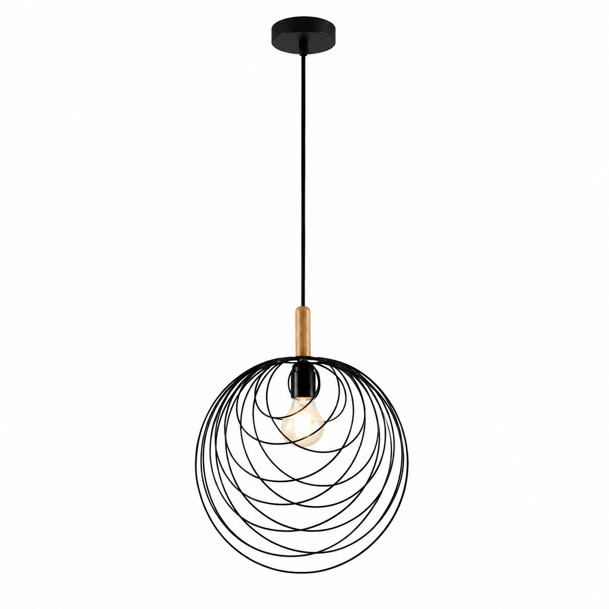 Modern retro black pendant light with wooden detail, ideal for dining or kitchen spaces.