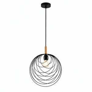Modern retro black pendant light with wooden detail, ideal for dining or kitchen spaces.