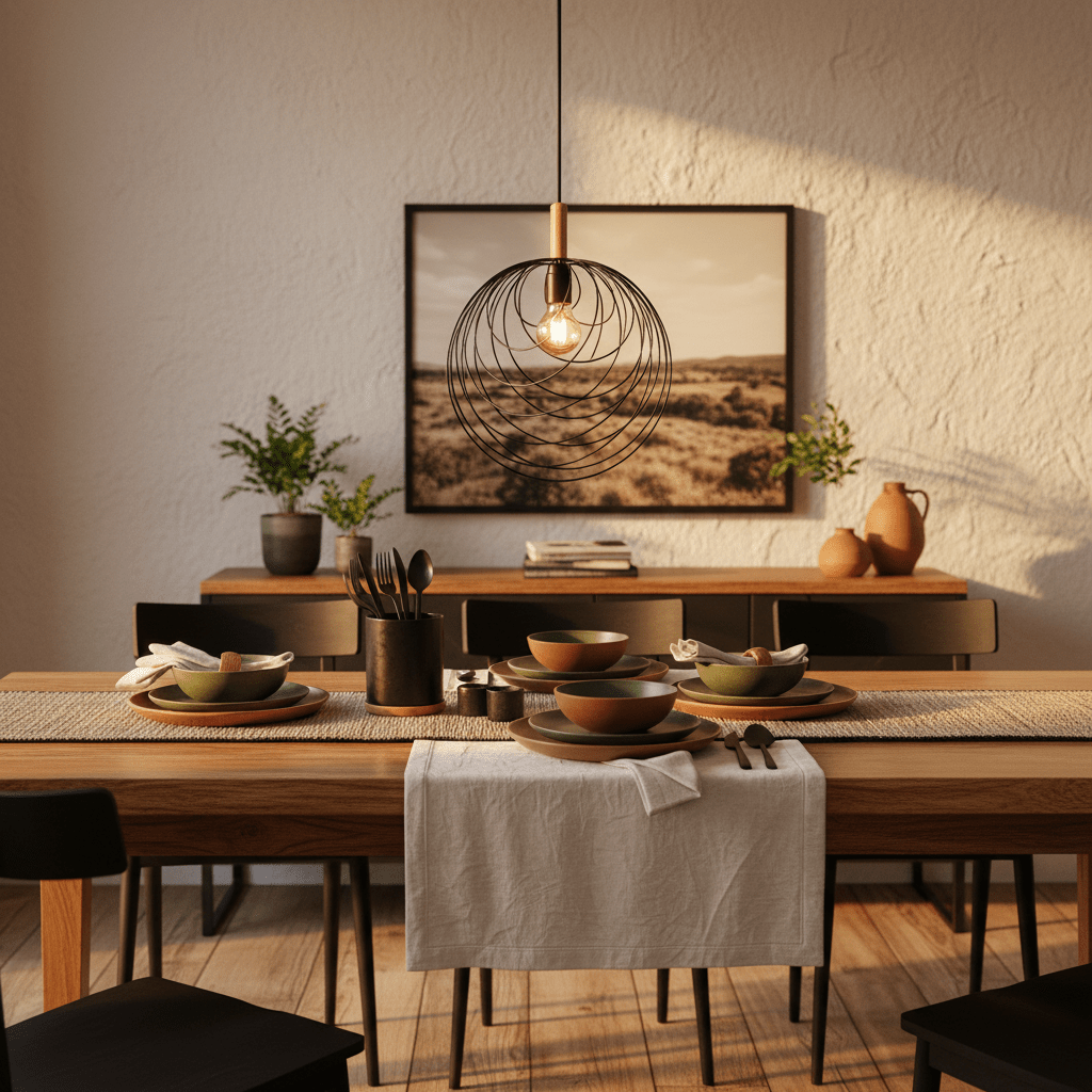 A stylish black pendant light hangs over a wooden dining table set with bowls and utensils, creating a cozy atmosphere.