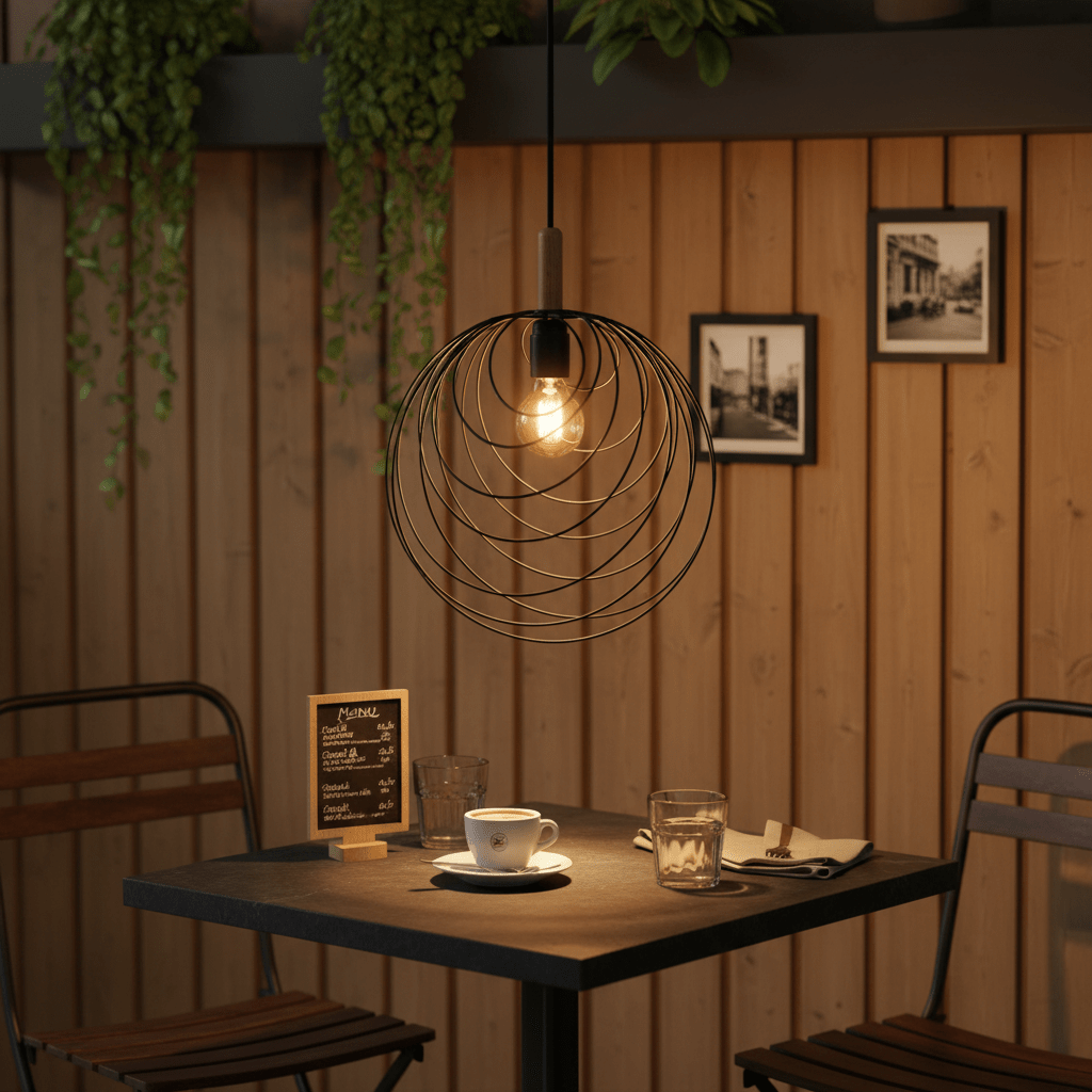 A black pendant light with wooden detail hangs over a table set with coffee and a menu in a cozy café setting.