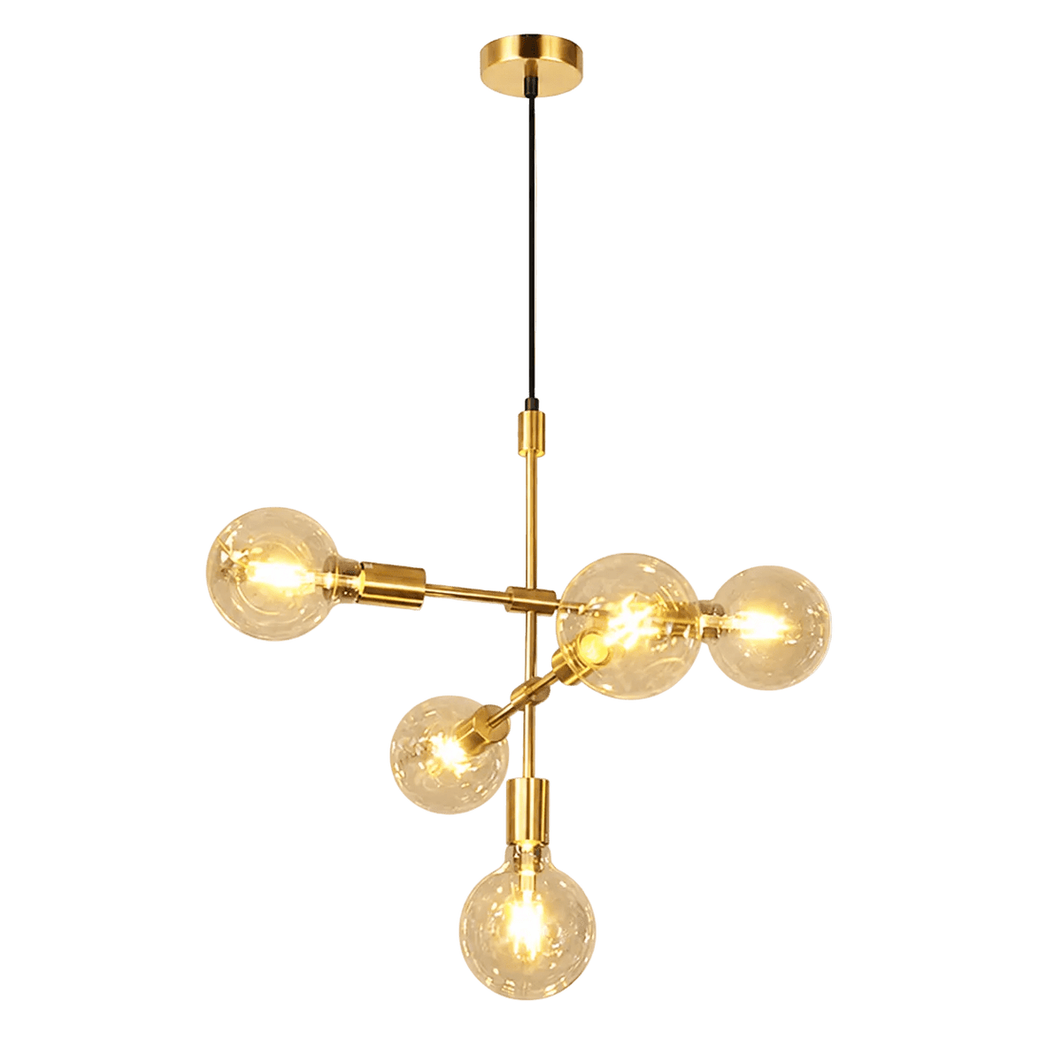 Gold pendant light with five clear glass bulbs arranged asymmetrically, suspended from a ceiling mount by a black cord.