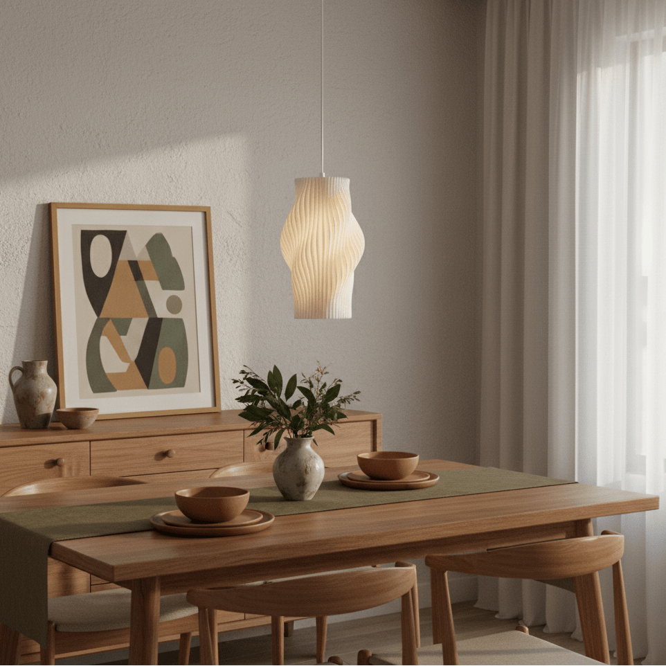 A modern white pendant light hangs above a wooden dining table set with bowls and a vase, complemented by a wall art piece.
