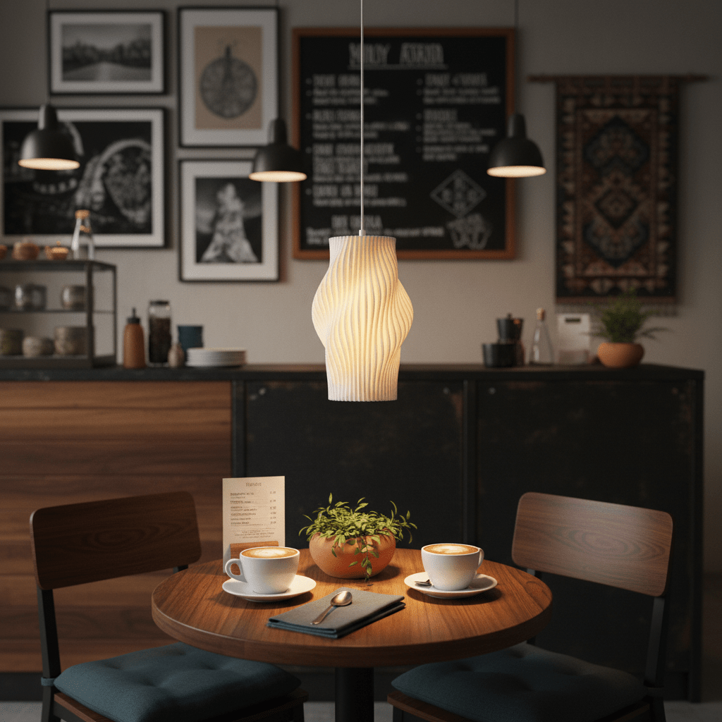 Dahlia 3D printed white pendant light hanging above a wooden table with coffee cups and a plant.