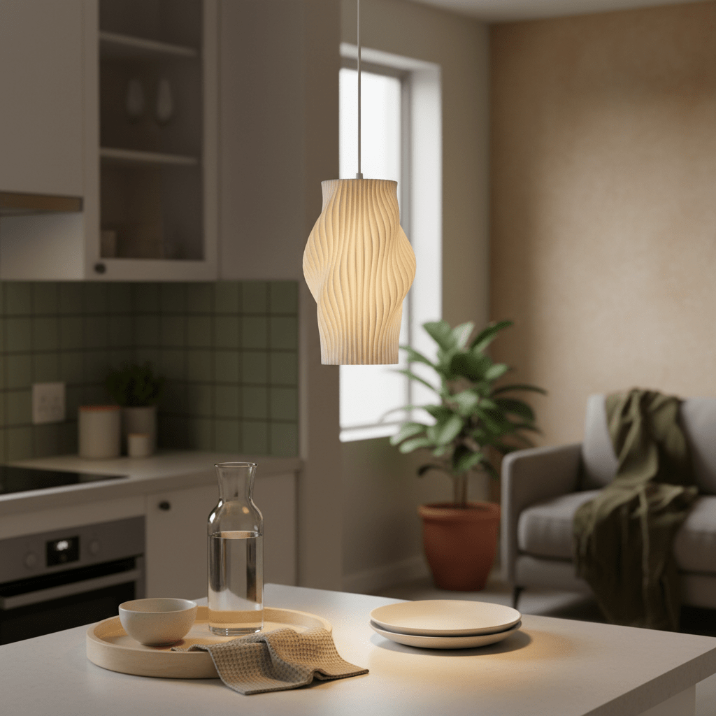 A modern white pendant light hangs above a dining table with a water carafe and plates, creating a serene atmosphere.