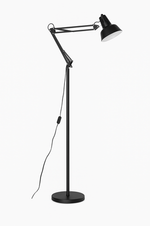 Black floor lamp with adjustable arm on a white background