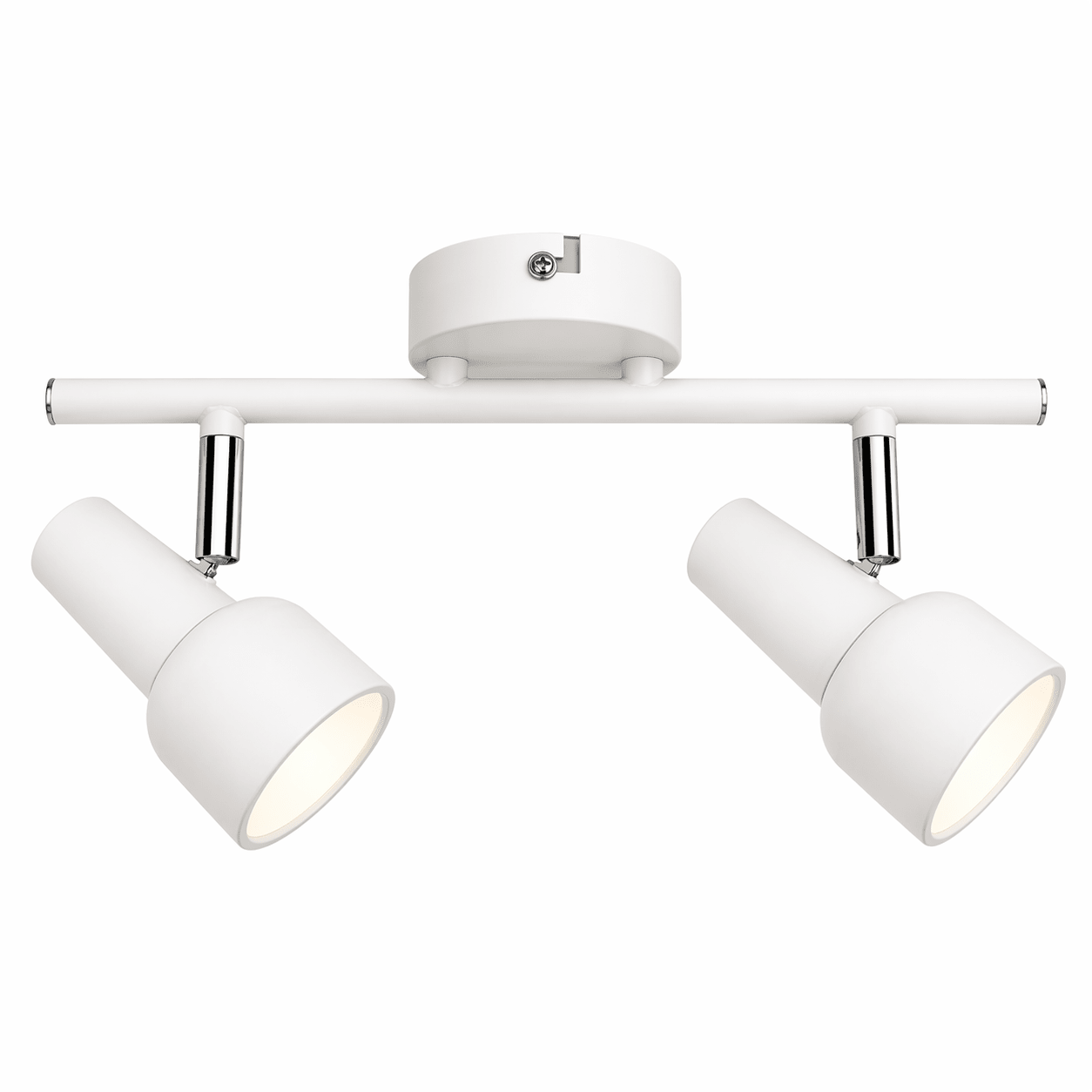 White ceiling light fixture with two spotlights on a white background
