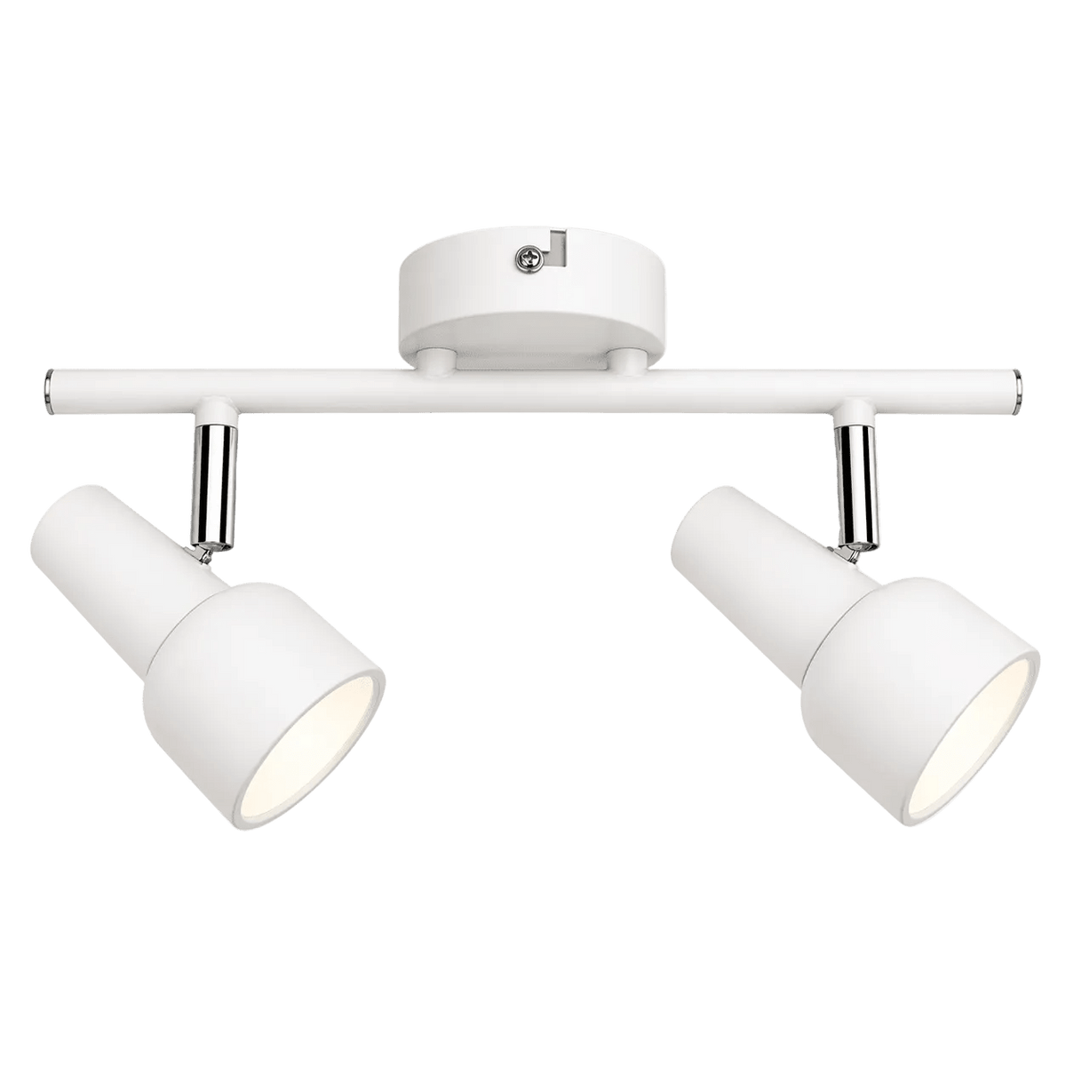 White ceiling spotlight with two adjustable light fixtures mounted on a horizontal bar, featuring a circular base.