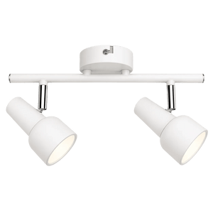 White ceiling spotlight with two adjustable light fixtures mounted on a horizontal bar, featuring a circular base.