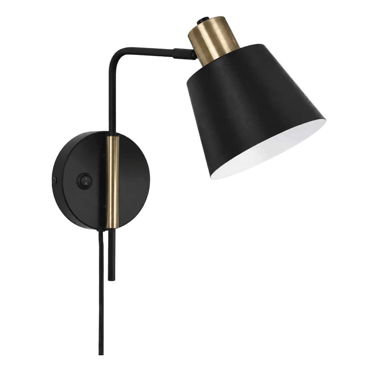 Plug In Matt Black & Brass Wall Light - Moveable Arm, Swivel Head