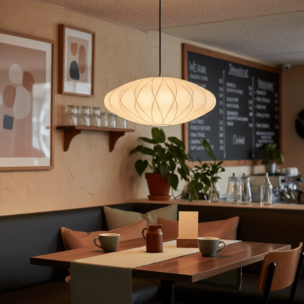 Silk Pendant Light hanging above a cozy dining table with coffee cups and a plant in a modern cafe setting.