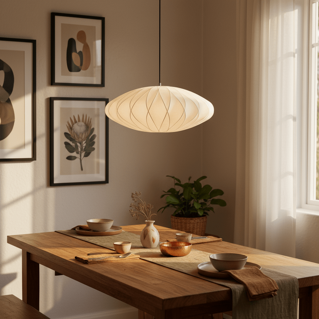 Silk Pendant Light hanging above a wooden dining table set with dishes and decor, casting soft light.