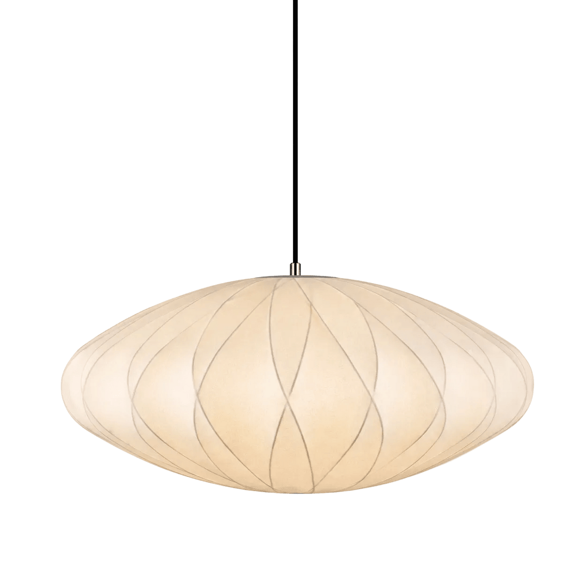 A silk pendant light with an oval shape, featuring a cream color and subtle linear patterns, suspended by a black cord.