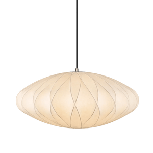 A silk pendant light with an oval shape, featuring a cream color and subtle linear patterns, suspended by a black cord.