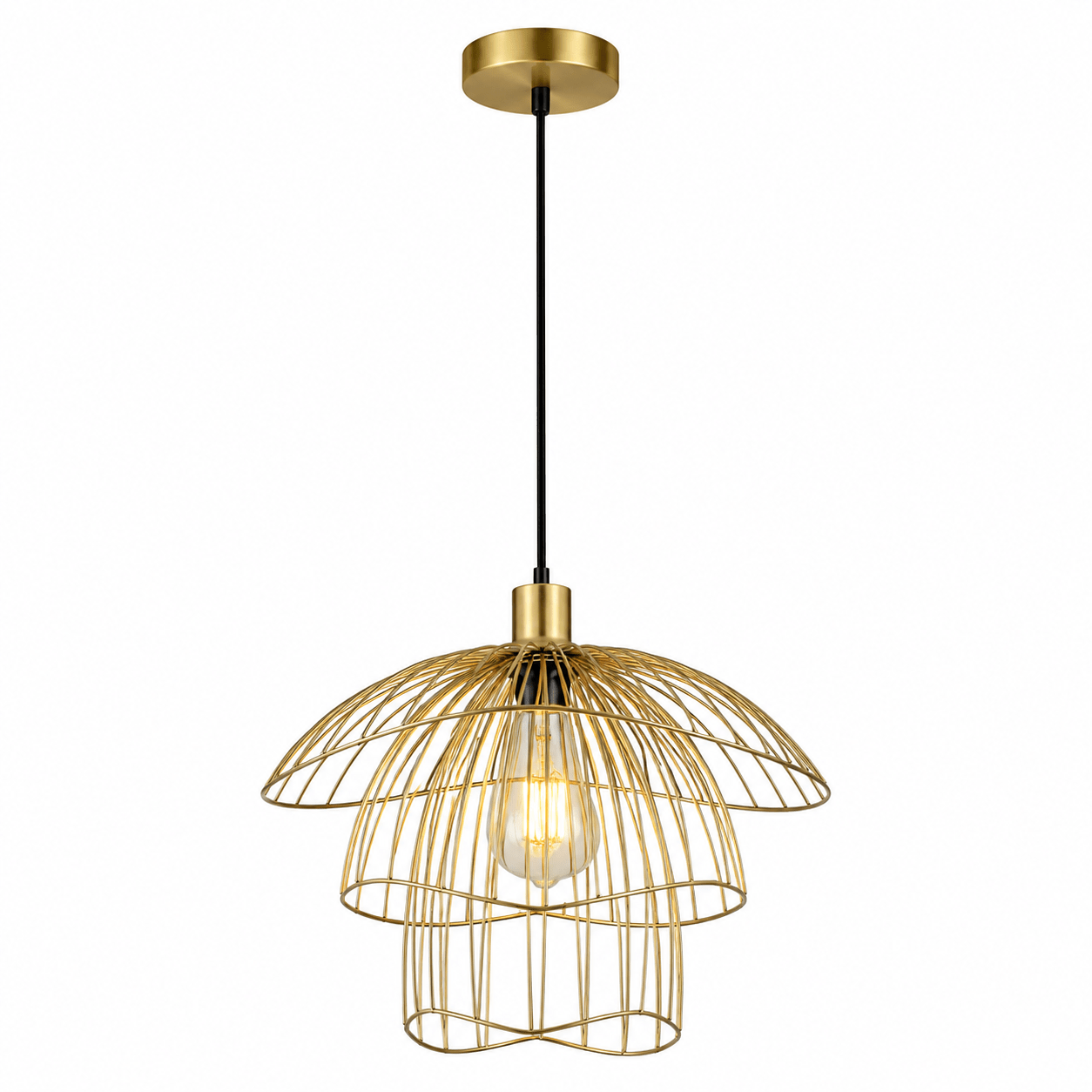Satin-gold Sensu Trio pendant light with a unique wire design, showcasing an E27 bulb.