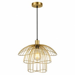 Satin-gold Sensu Trio pendant light with a unique wire design, showcasing an E27 bulb.