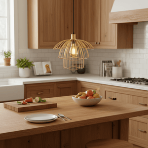 Stylish gold pendant light hanging over a wooden kitchen island with fresh fruits and plates.