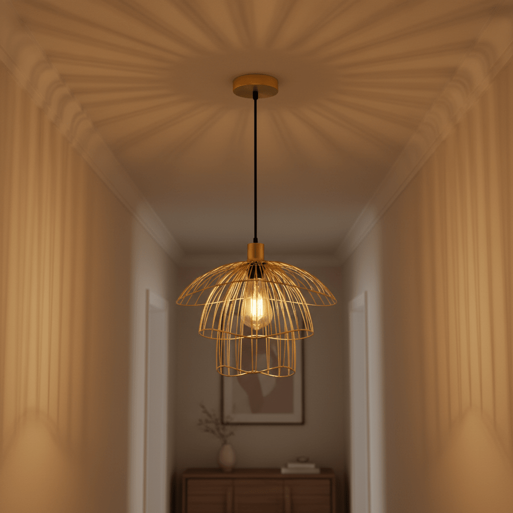 Stylish gold pendant light hanging in a softly lit hallway, casting intricate shadows.