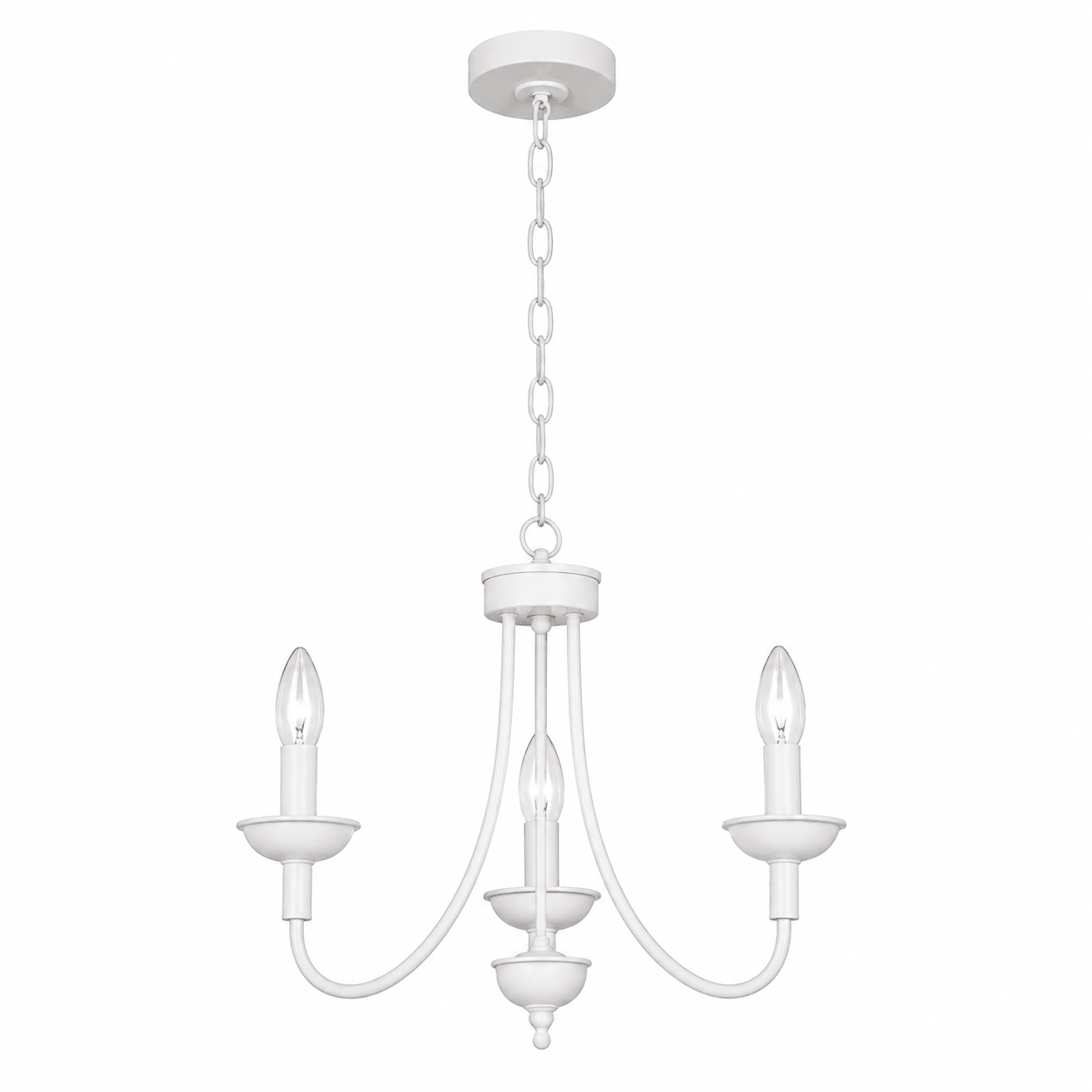 White chandelier with three candle-style lights on a white background