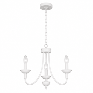 White chandelier with three candle-style lights on a white background