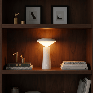 Rechargeable mini LED table lamp on a wooden shelf, illuminating books and decor with a warm glow.