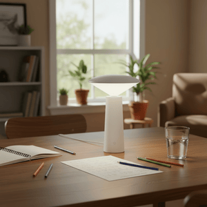 A modern white rechargeable mini LED table lamp illuminating a study area with notebooks and colored pencils.