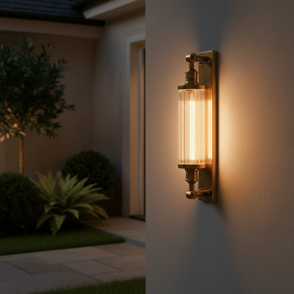 Astor Outdoor Wall Lamp in antique brass mounted on a wall, illuminating a patio area with greenery.