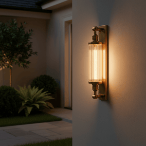Astor Outdoor Wall Lamp in antique brass mounted on a wall, illuminating a patio area with greenery.