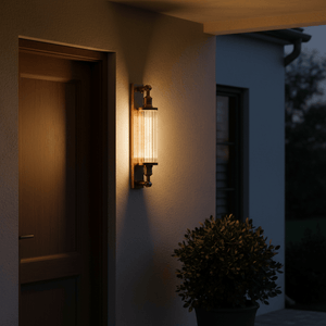 Astor Outdoor Wall Lamp in antique brass mounted beside a wooden door, illuminating a potted plant.