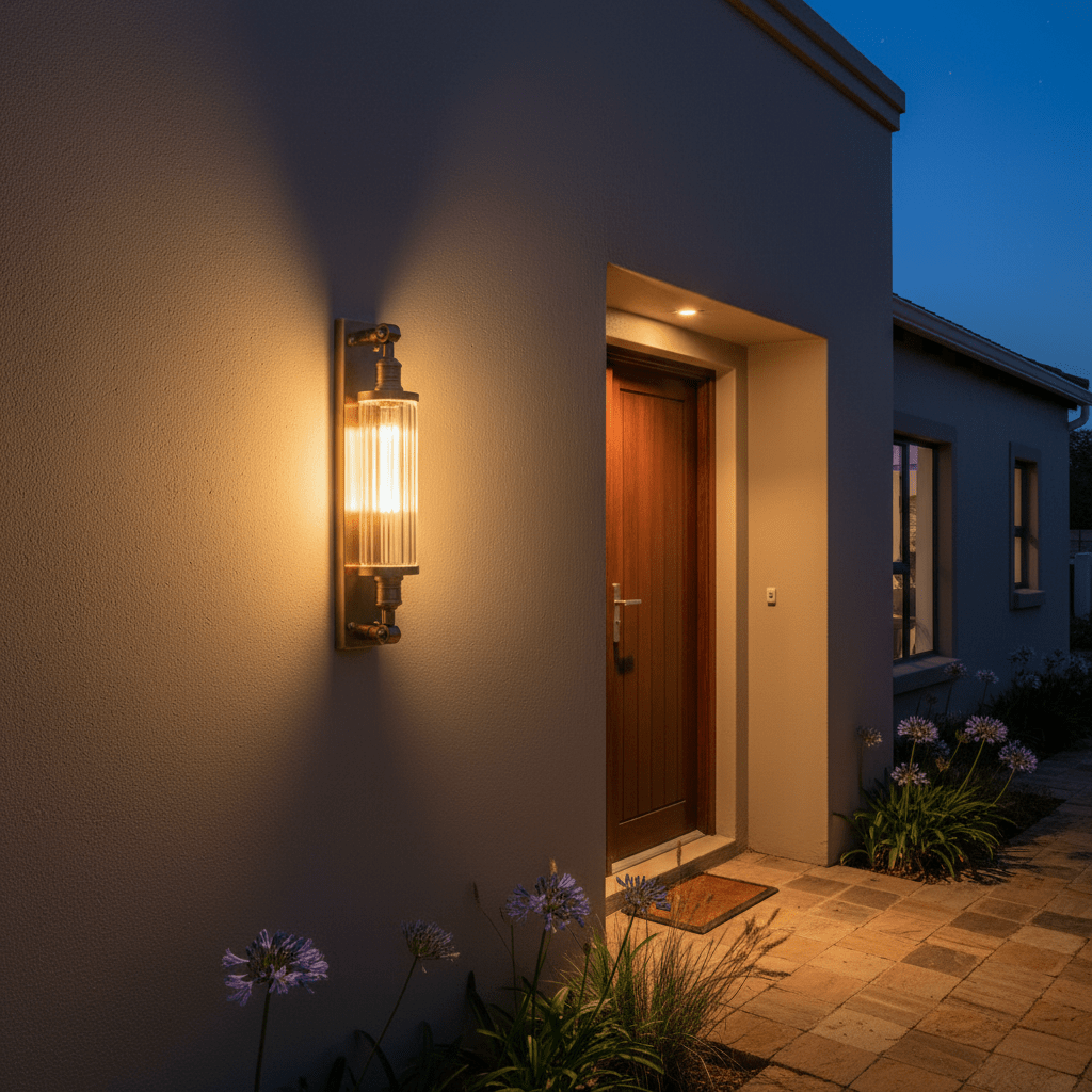 Astor Outdoor Wall Lamp in antique brass illuminating a home's entrance at dusk, surrounded by flowers.
