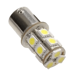 LED car light with a silver metal base and multiple yellow LED chips arranged in a circular pattern.