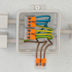 Cable with colored wago connectors on a white background