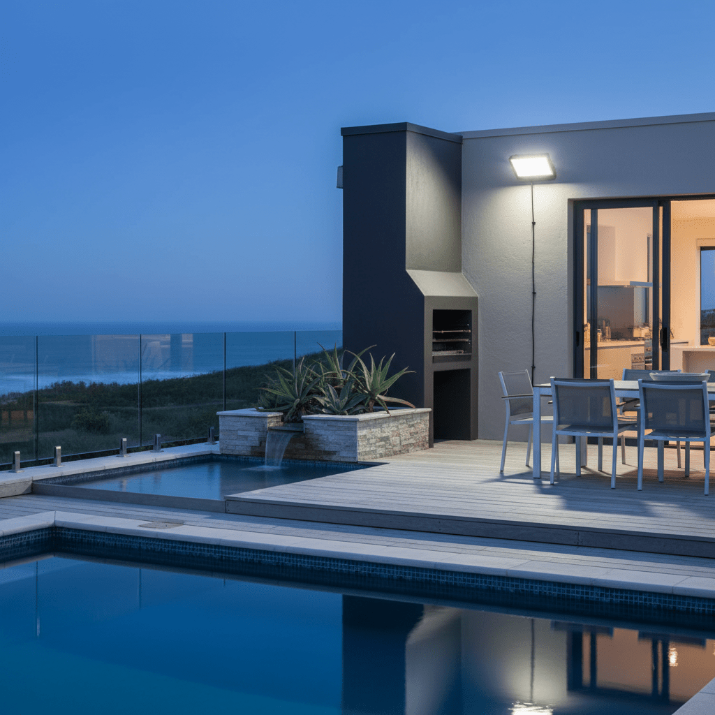 Coastal floodlight illuminating a modern patio area with a pool and ocean view at dusk.