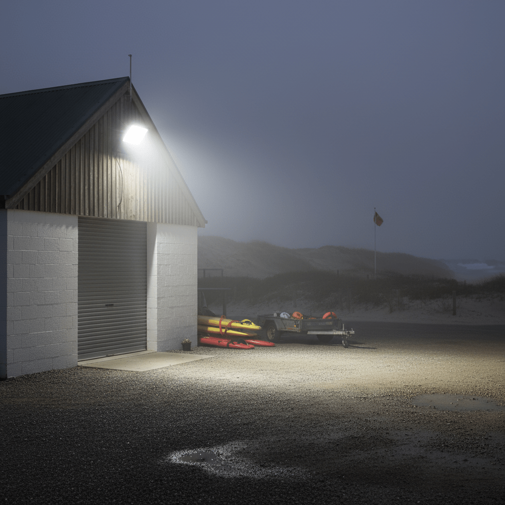 Coastal floodlight illuminating a storage shed at dusk, enhancing visibility in a foggy outdoor setting.