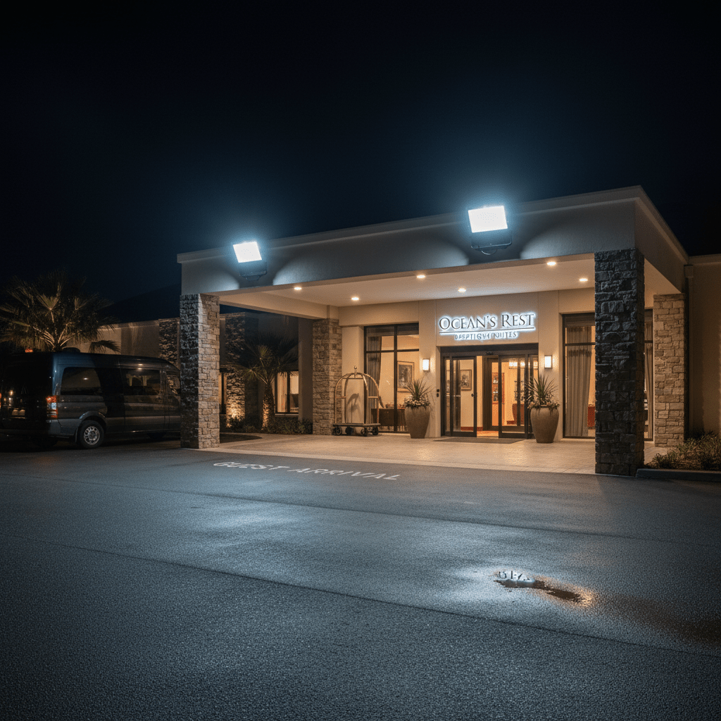 Coastal floodlight illuminating the entrance of a building at night, enhancing visibility and safety.