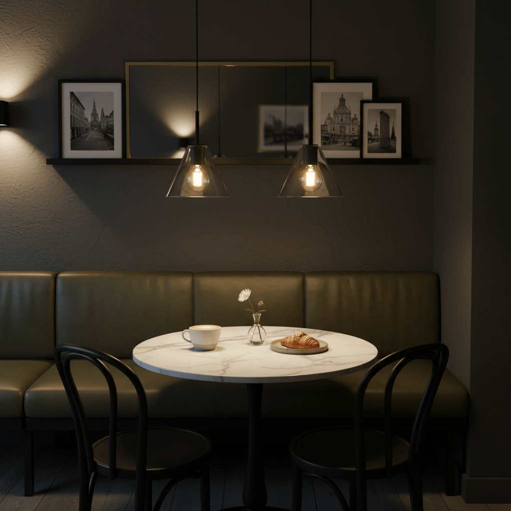 Stylish dining setup featuring the Trend Funnel Pendant Light - Black above a marble table with coffee and a croissant.