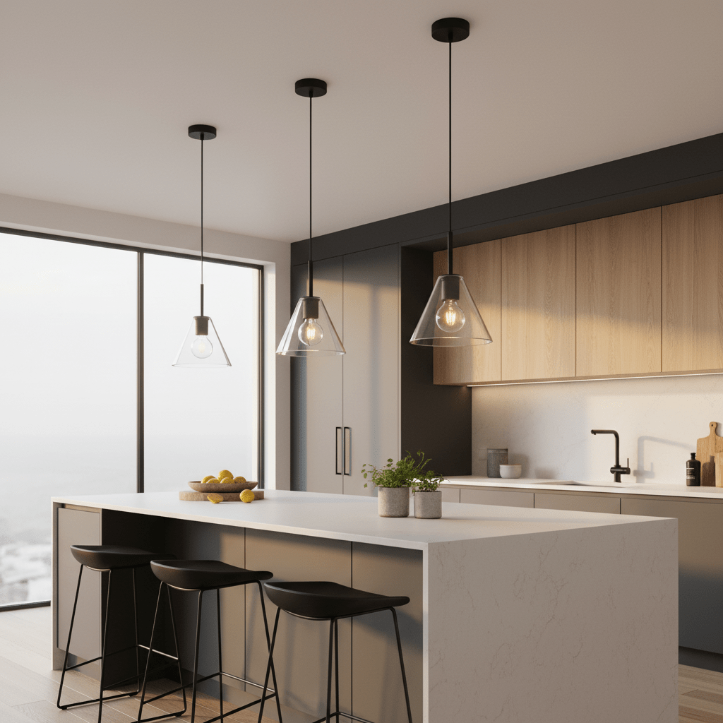 Three pendant lights hang over a modern kitchen island, featuring a sleek design with clear glass shades and black metal