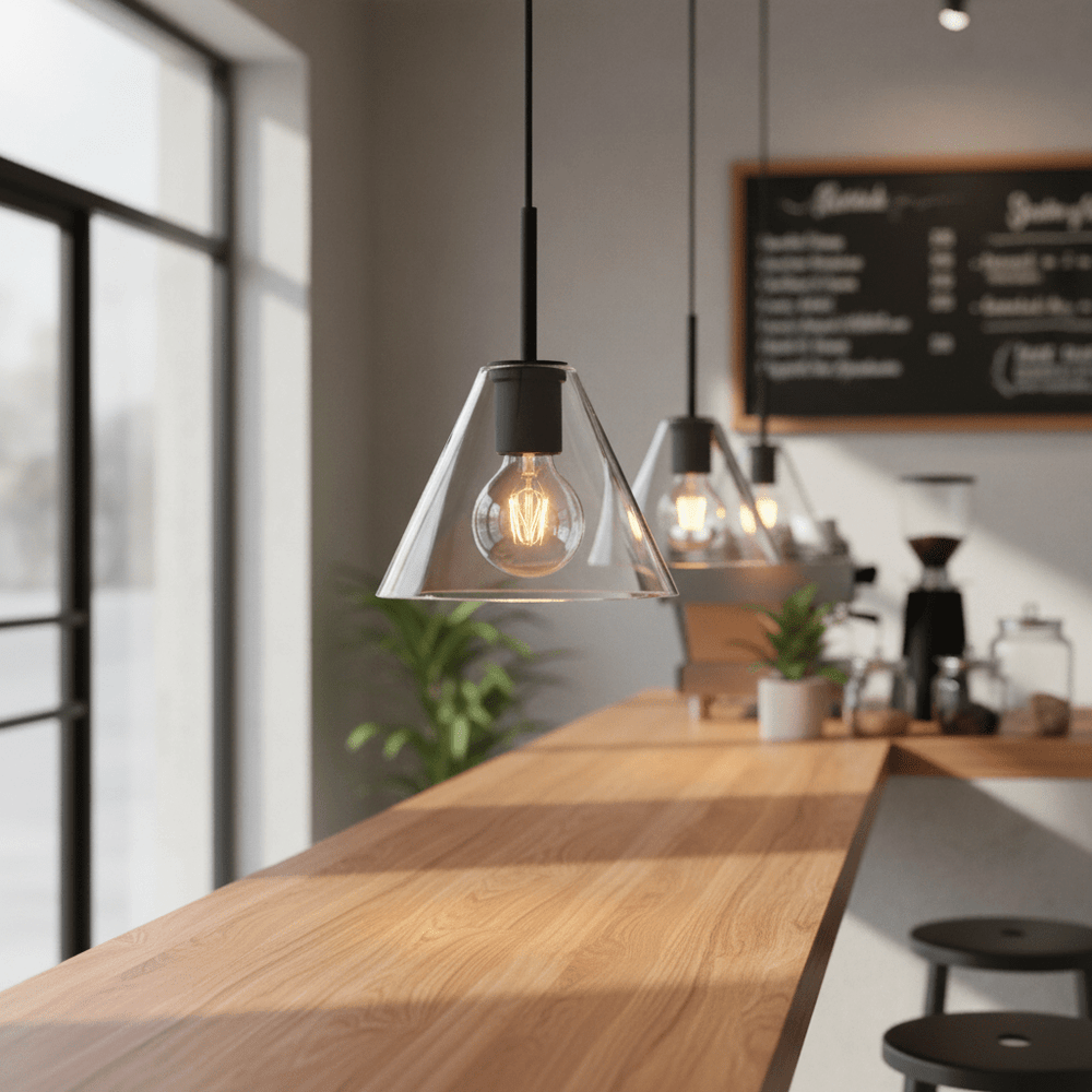 Three pendant lights with clear glass shades and black metal details hang above a wooden bar counter.